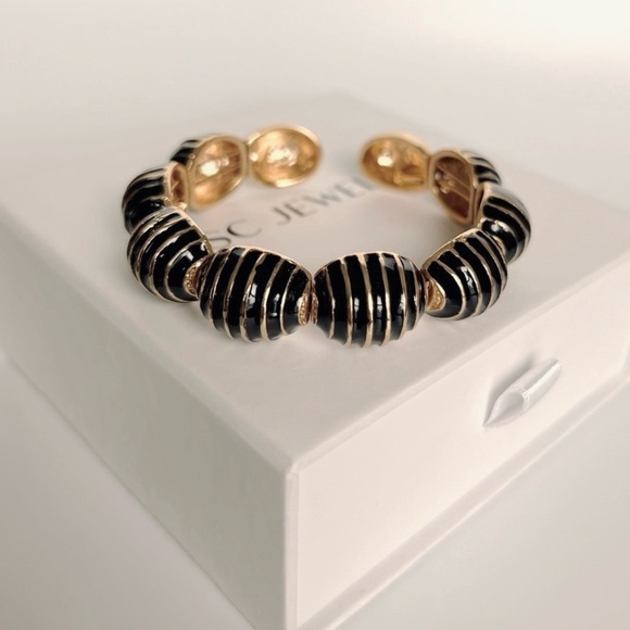 Cuff Black Bracelet | Handcrafted 22K Gold Tone | Enameled Adjustable Jewelry - Picture 3 of 10